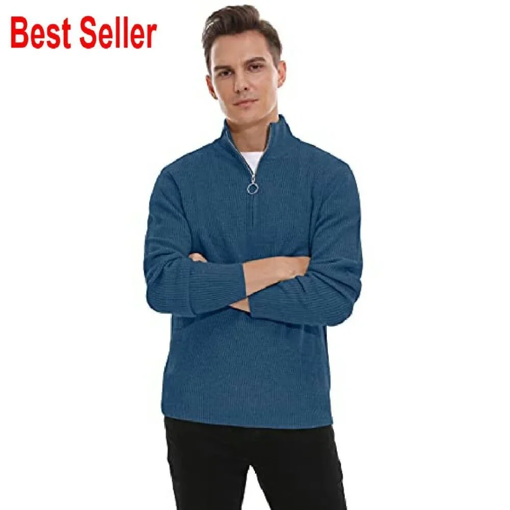 Quarter Zip Turtleneck Sweater Classic Ribbed Pullover Soft Knit Men's